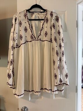 Free People Cream Tunic with Burgundy Diamond Embroidery